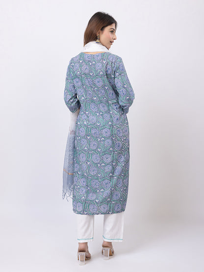 Tillaari Blue Printed Straight Kurta Set with Kota Doriya Dupatta
