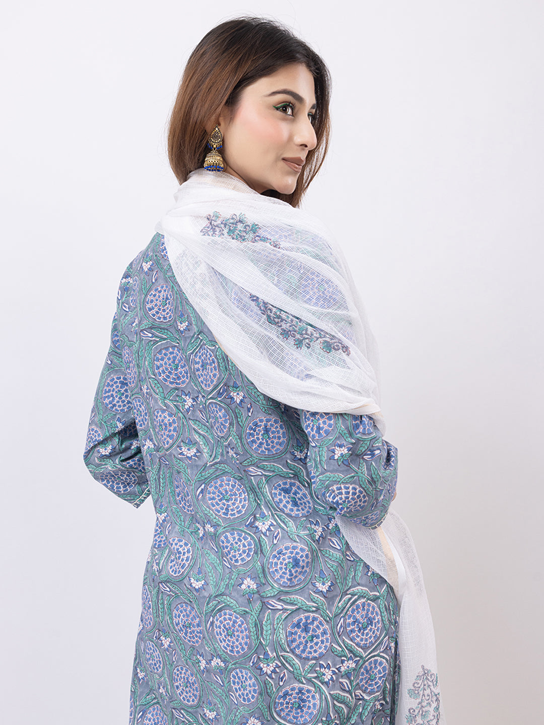 Tillaari Blue Printed Straight Kurta Set with Kota Doriya Dupatta