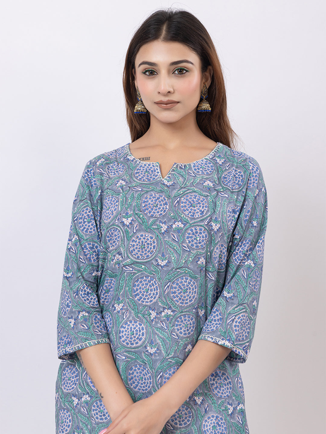 Tillaari Blue Printed Straight Kurta Set with Kota Doriya Dupatta