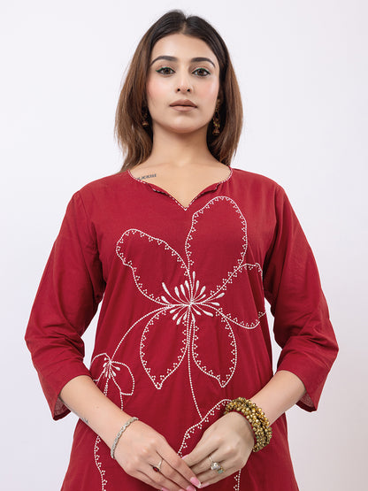 Tillaari Red Floral Embroidered Straight Kurta Set with Bandhani Print Dupatta