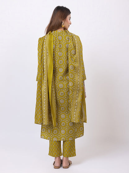 Tillaari Mustard Yellow Printed Straight Kurta Set with Dupatta