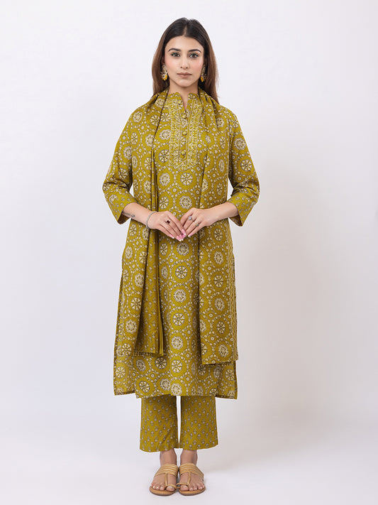Tillaari Mustard Yellow Printed Straight Kurta Set with Dupatta