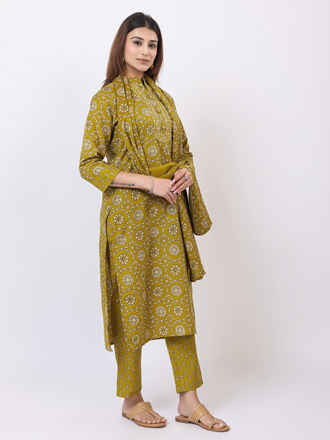 Tillaari Mustard Yellow Printed Straight Kurta Set with Dupatta