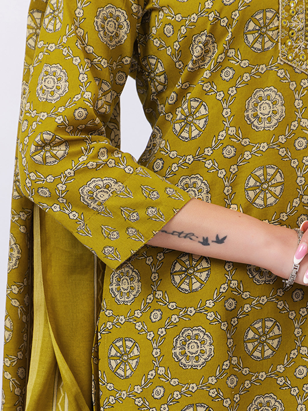 Tillaari Mustard Yellow Printed Straight Kurta Set with Dupatta