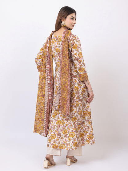 Tillaari White & Mustard Chintz Printed Anarkali Kurta Set with Dupatta