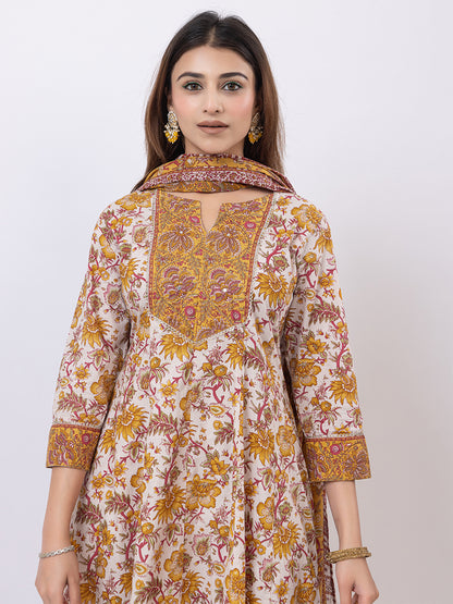 Tillaari White & Mustard Chintz Printed Anarkali Kurta Set with Dupatta