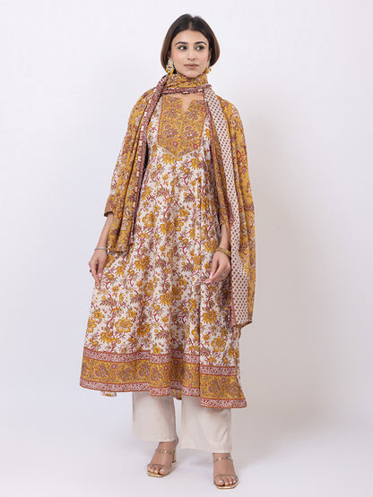 Tillaari White & Mustard Chintz Printed Anarkali Kurta Set with Dupatta