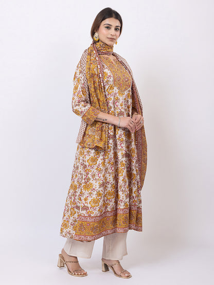 Tillaari White & Mustard Chintz Printed Anarkali Kurta Set with Dupatta