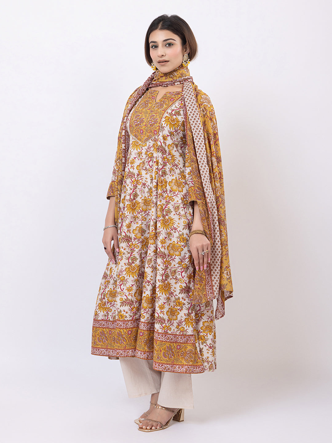 Tillaari White & Mustard Chintz Printed Anarkali Kurta Set with Dupatta