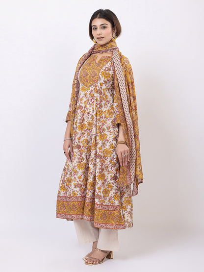 Tillaari White & Mustard Chintz Printed Anarkali Kurta Set with Dupatta