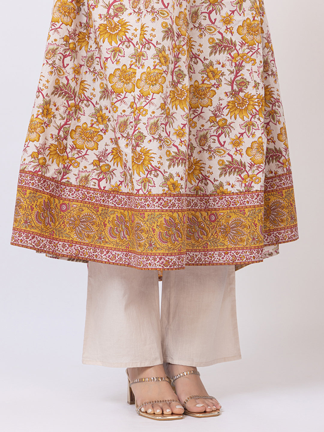 Tillaari White & Mustard Chintz Printed Anarkali Kurta Set with Dupatta