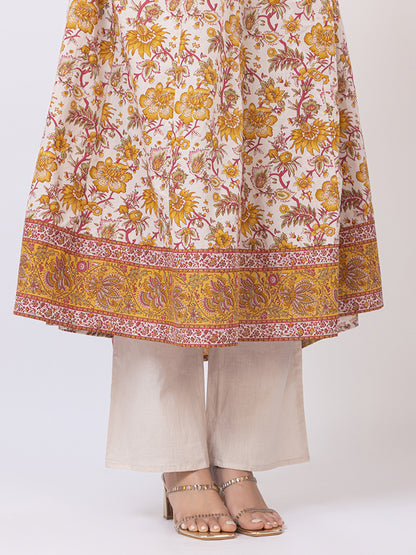Tillaari White & Mustard Chintz Printed Anarkali Kurta Set with Dupatta