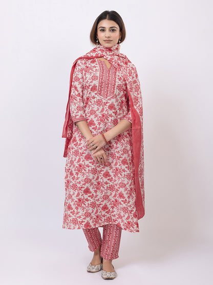 Tillaari Pink Floral Printed Straight Kurta Set with Dupatta