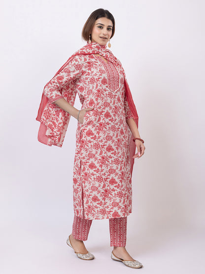 Tillaari Pink Floral Printed Straight Kurta Set with Dupatta