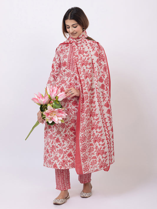 Tillaari Pink Floral Printed Straight Kurta Set with Dupatta