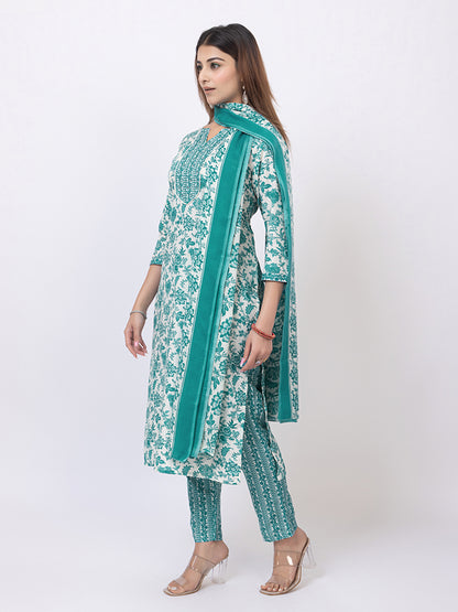 Tillaari Green Floral Printed Straight Kurta Set with Dupatta