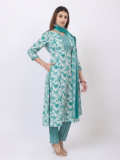 Tillaari Green Floral Printed Straight Kurta Set with Dupatta