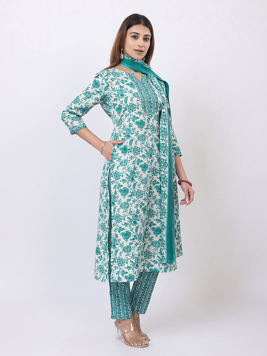 Tillaari Green Floral Printed Straight Kurta Set with Dupatta