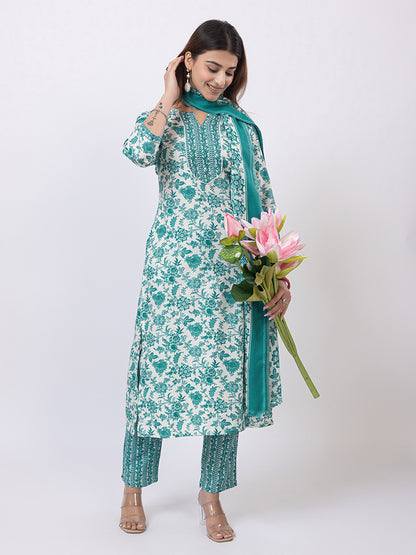 Tillaari Green Floral Printed Straight Kurta Set with Dupatta