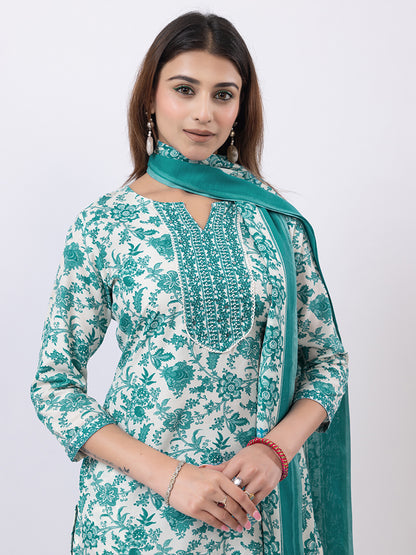 Tillaari Green Floral Printed Straight Kurta Set with Dupatta