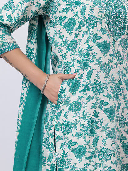 Tillaari Green Floral Printed Straight Kurta Set with Dupatta