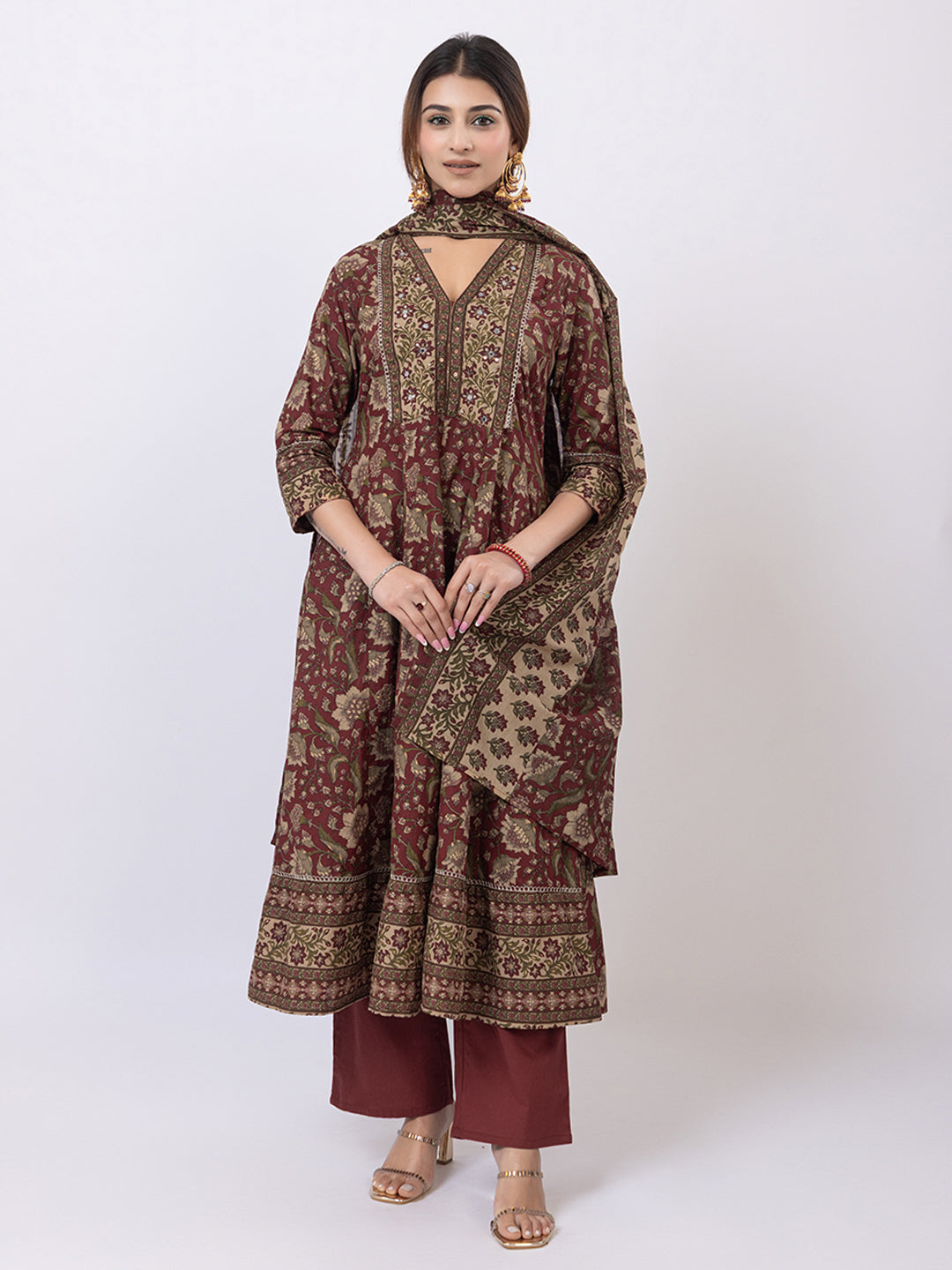 Tillaari Maroon Chintz Printed Anarkali Kurta Set with Dupatta