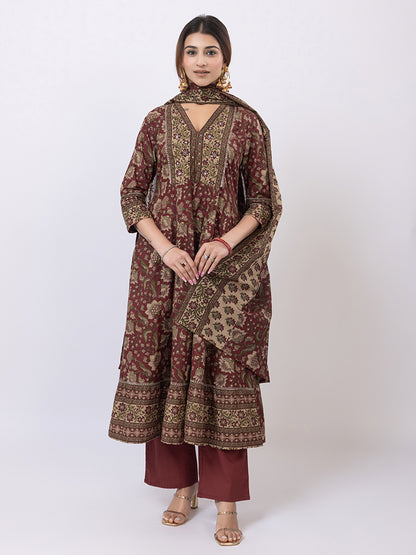 Tillaari Maroon Chintz Printed Anarkali Kurta Set with Dupatta