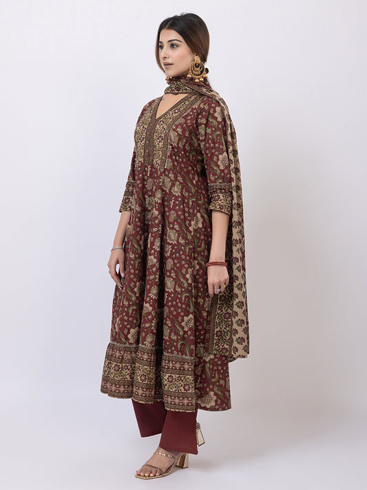 Tillaari Maroon Chintz Printed Anarkali Kurta Set with Dupatta