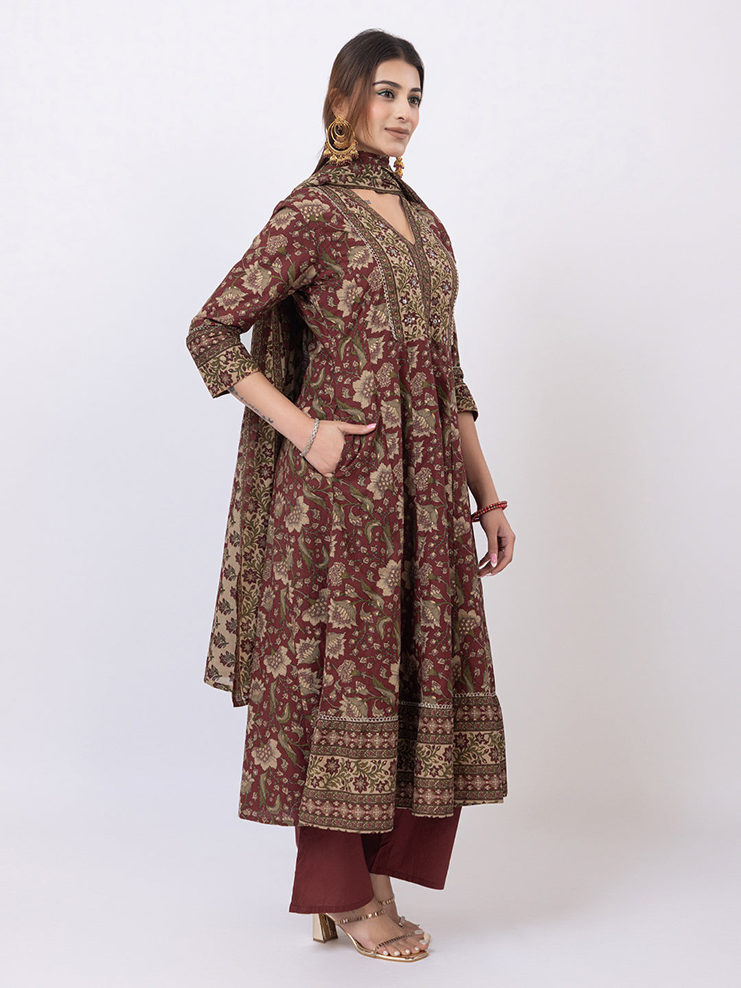 Tillaari Maroon Chintz Printed Anarkali Kurta Set with Dupatta