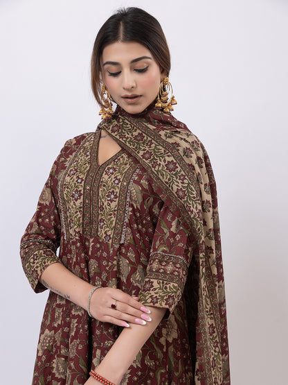 Tillaari Maroon Chintz Printed Anarkali Kurta Set with Dupatta