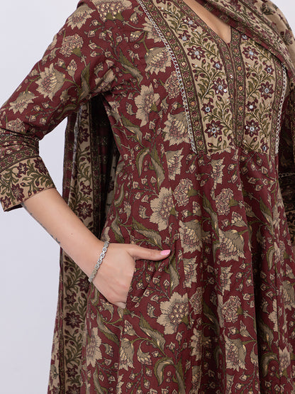 Tillaari Maroon Chintz Printed Anarkali Kurta Set with Dupatta