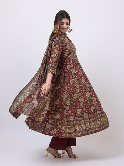 Tillaari Maroon Chintz Printed Anarkali Kurta Set with Dupatta