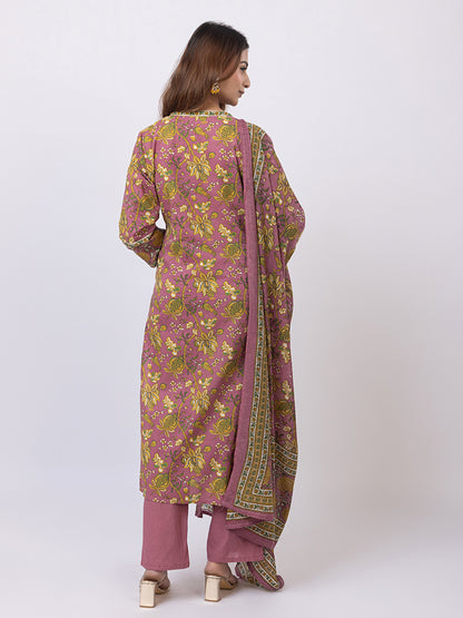 Tillaari Plum Cotton Kurta Set with Printed Dupatta