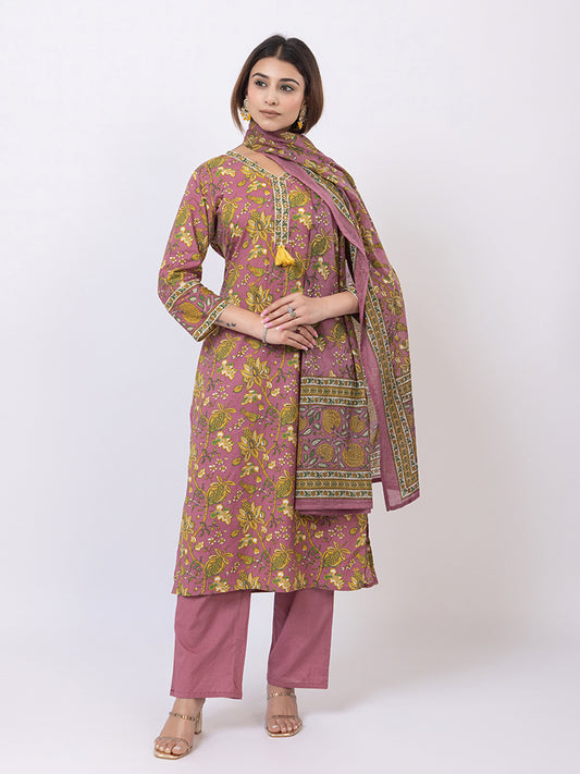 Tillaari Plum Cotton Kurta Set with Printed Dupatta