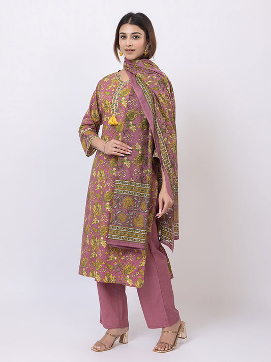 Tillaari Plum Cotton Kurta Set with Printed Dupatta