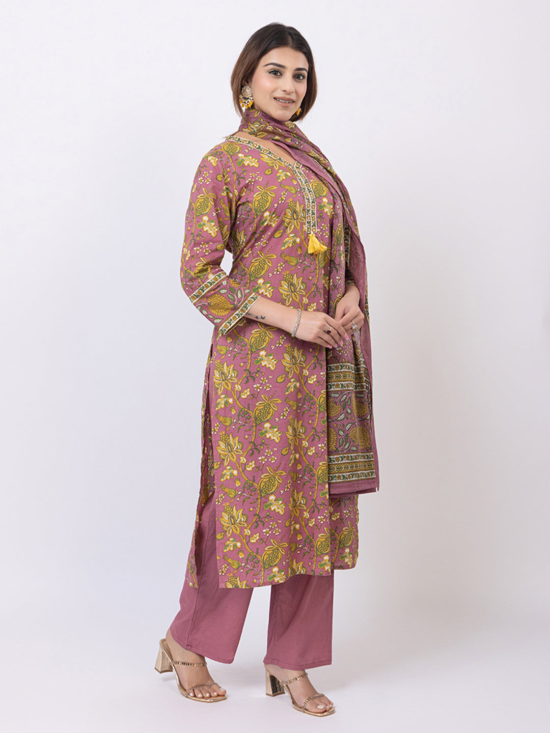Tillaari Plum Cotton Kurta Set with Printed Dupatta
