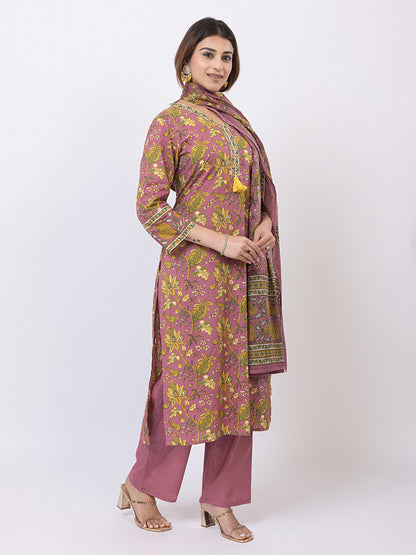 Tillaari Plum Cotton Kurta Set with Printed Dupatta