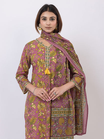 Tillaari Plum Cotton Kurta Set with Printed Dupatta