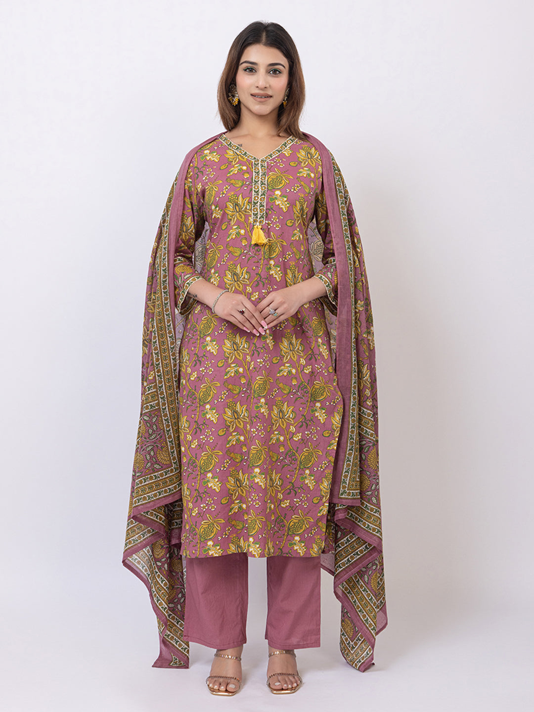 Tillaari Plum Cotton Kurta Set with Printed Dupatta