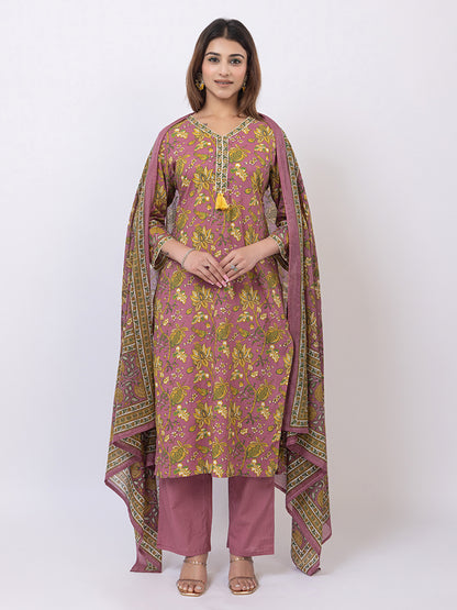Tillaari Plum Cotton Kurta Set with Printed Dupatta