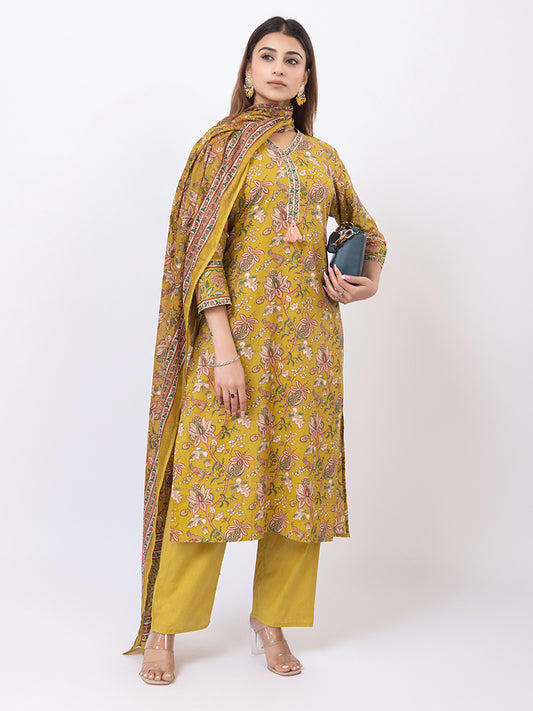 Tillaari Amaltas Yellow Ochre  Cotton Kurta Set with Printed Dupatta
