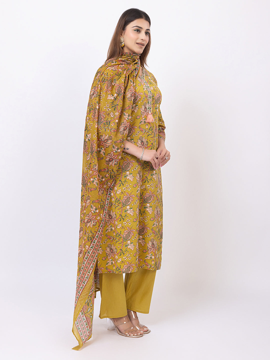 Tillaari Amaltas Yellow Ochre  Cotton Kurta Set with Printed Dupatta