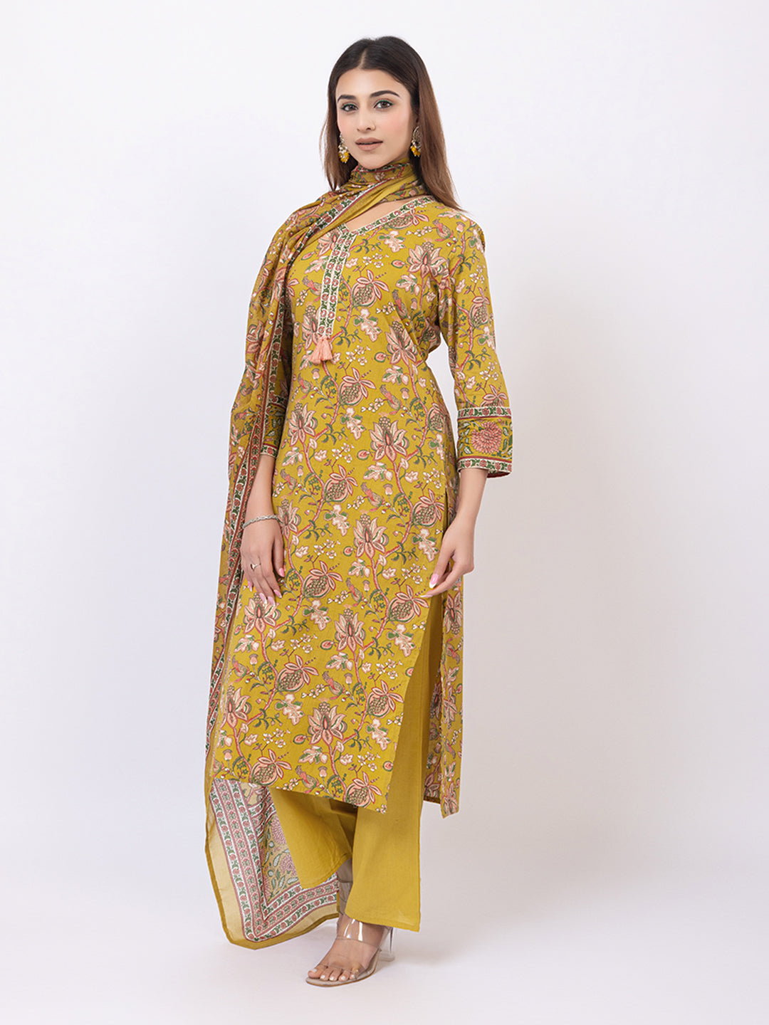 Tillaari Amaltas Yellow Ochre  Cotton Kurta Set with Printed Dupatta