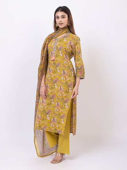Tillaari Amaltas Yellow Ochre  Cotton Kurta Set with Printed Dupatta