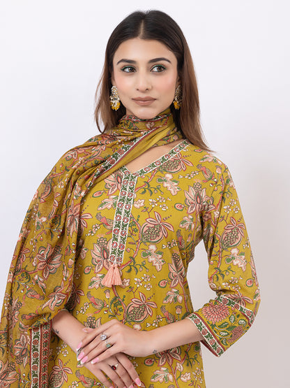 Tillaari Amaltas Yellow Ochre  Cotton Kurta Set with Printed Dupatta