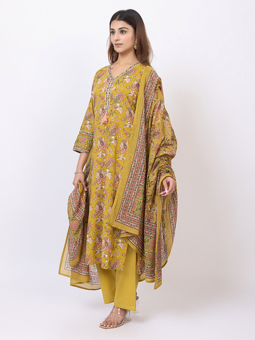 Tillaari Amaltas Yellow Ochre  Cotton Kurta Set with Printed Dupatta