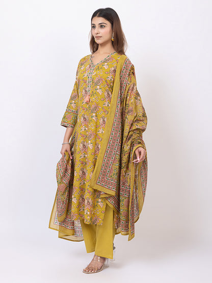 Tillaari Amaltas Yellow Ochre  Cotton Kurta Set with Printed Dupatta