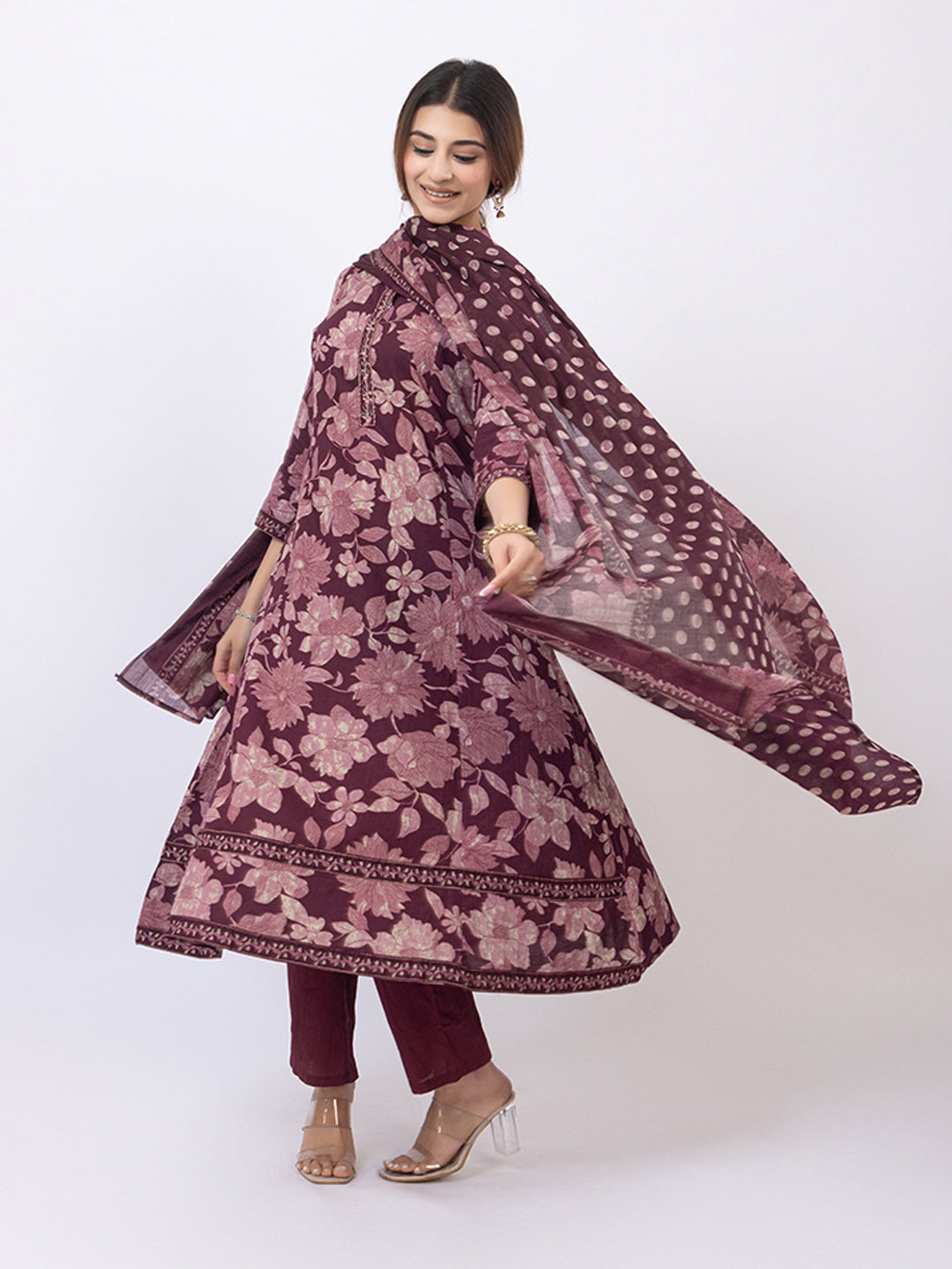 Tillaari Wine Floral Cotton Kurta Set