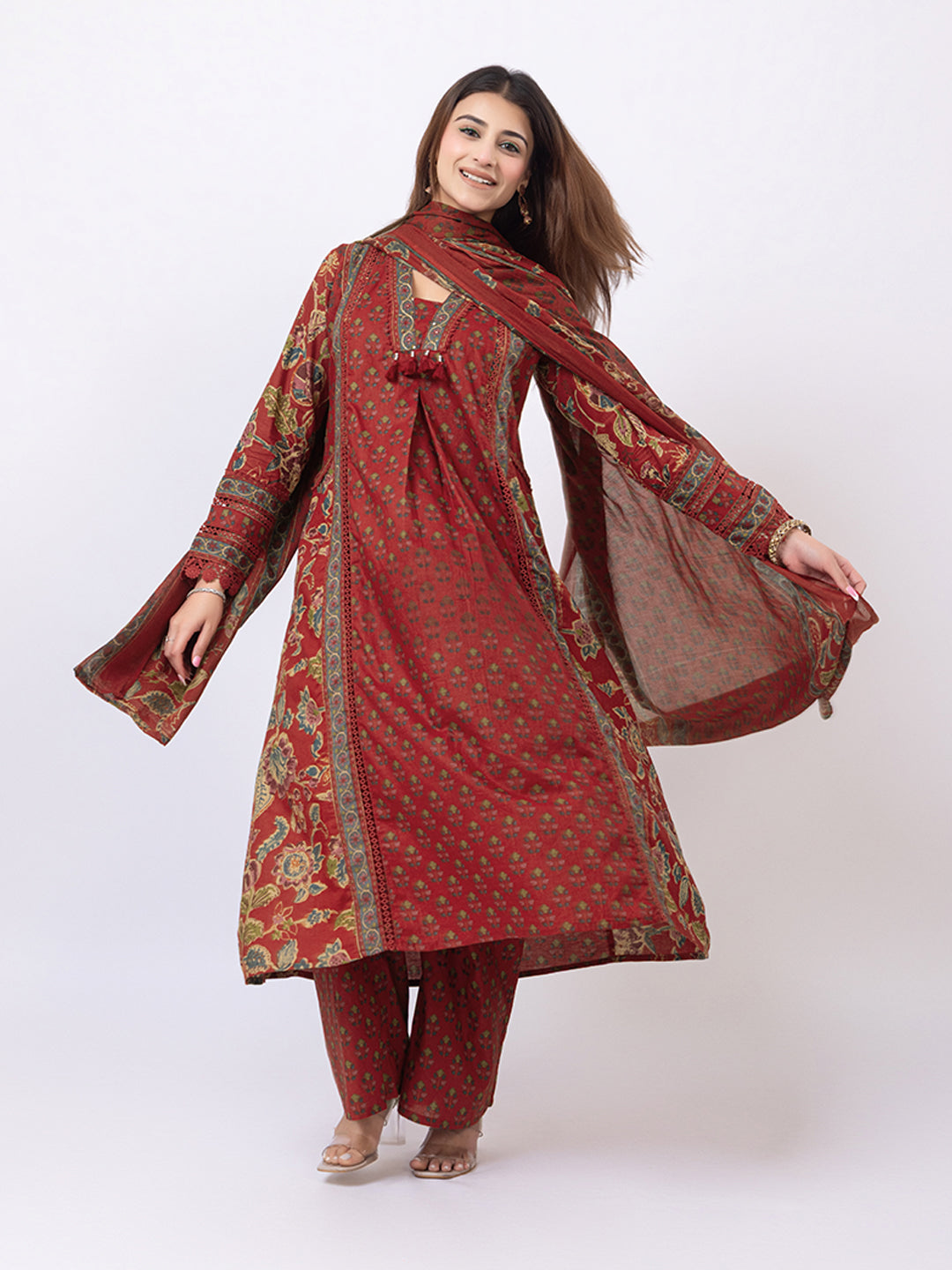 Tillaari Red Chintz Printed A-Line Kurta Set with Dupatta