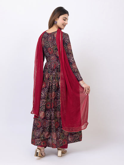 Tillaari Burgundy Floral Printed Kurta Set